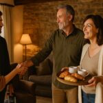Propriétaires accueillant des visiteurs dans une chambre d’hôtes cosy avec petit-déjeuner, illustrant l’ambiance conviviale à valoriser sur un site web de maison d’hôtes