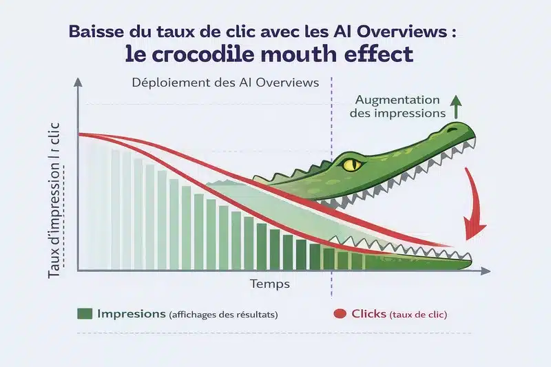 Graphique illustrant le crocodile mouth effect : augmentation des impressions et baisse des clics avec les AI Overviews dans les résultats de recherche Google