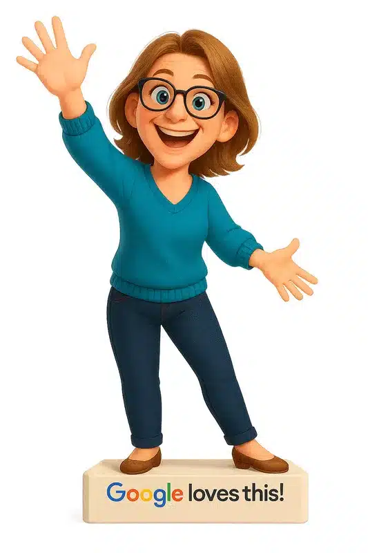 Mascotte-Delphine-Bartier-Google-loves-this mascotte illustrant les wins en référencement naturel, posé sur uen estrade avec intitulé "Google loves this"