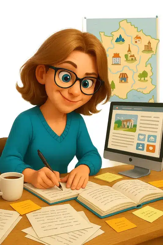 Mascotte-Delphine-Bartier-ecriture-web (1) mascotte illstrat la création de contenu, personne rédigeant avec des notes et des posts it