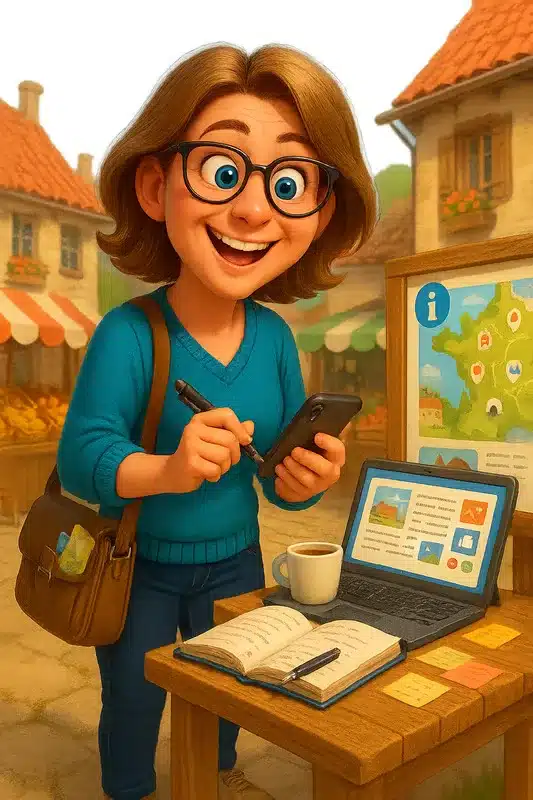 Mascotte-storytelling illustration d'un reporter de territoire pour une stratégie de contenu