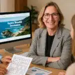 Consultante AMO en réunion avec des clients pour la création d’un site WordPress touristique, maquettes et écran de destination à l’appui