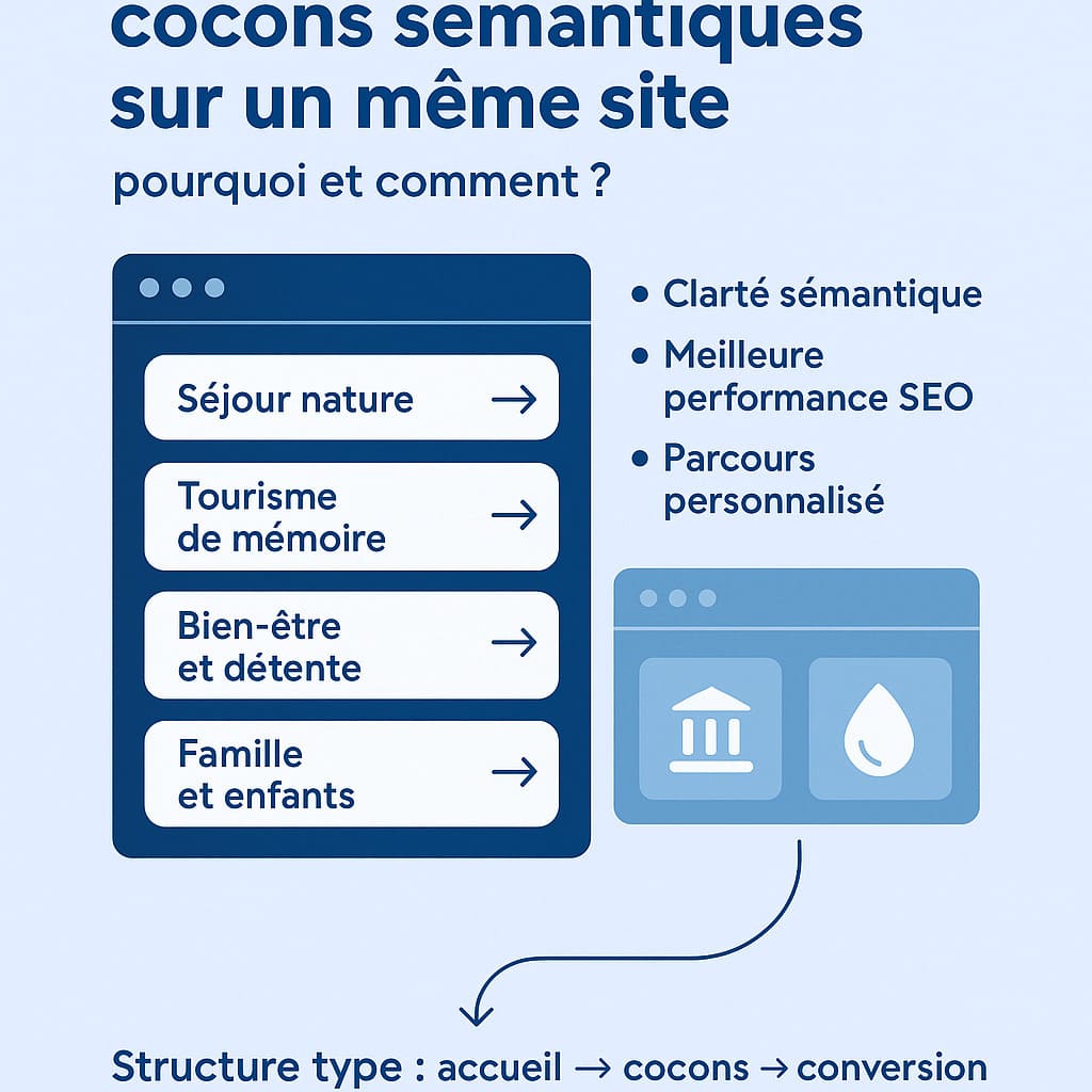 cocon-semantique-multiples-sites-tourisme illustration de plus cocons sémantiques au sein même d'un site web de destination touristique