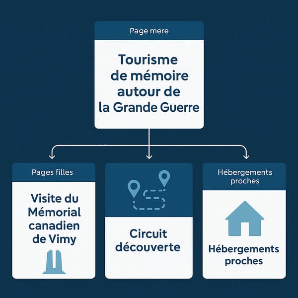 cocon-semantique-tourisme-regional illustration schématique d'un cocon sémantique pour une destination touristique avec son architecture en silo et pages mères et filles