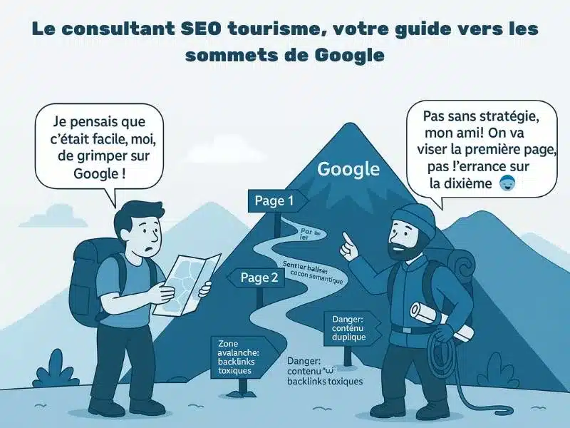 consultant-seo-tourisme-guide-sommet-google Illustration humoristique d’un consultant SEO aidant un professionnel du tourisme à gravir une montagne symbolisant Google, avec bulles de dialogue sur la stratégie de visibilité.