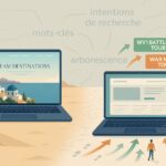 Deux ordinateurs : l’un isolé dans un désert, l’autre entouré de visiteurs guidés par des mots-clés SEO sur fond de mind map.