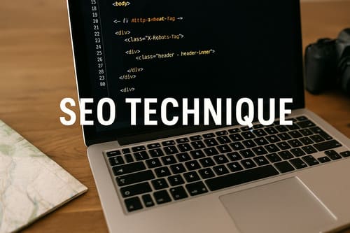 seo-tehchnique image pour illustrer la section SEO Technique, avec un exemple de code HTML mettant en avant la balise X-Robots-Tag